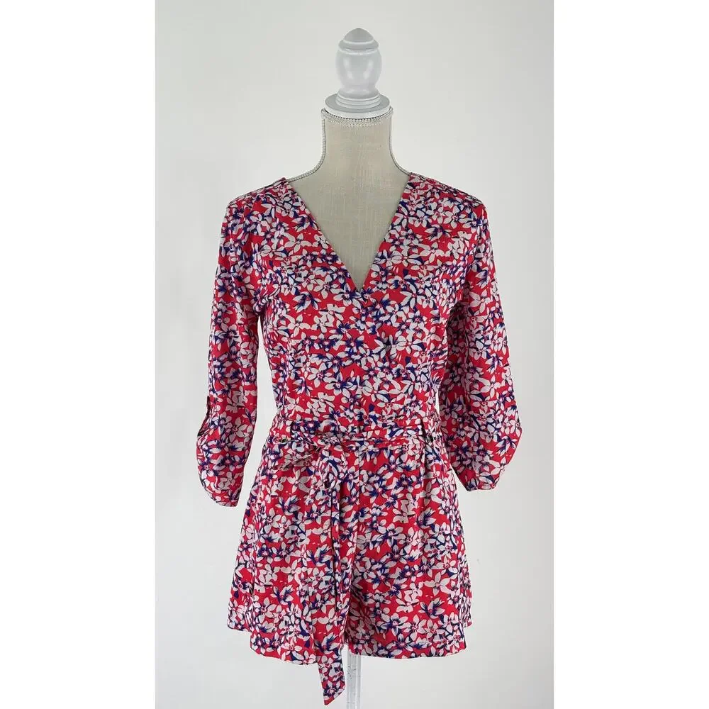 Yumi Kim Womens Floral Belted Romper Size 8 V Neck Red Blue White